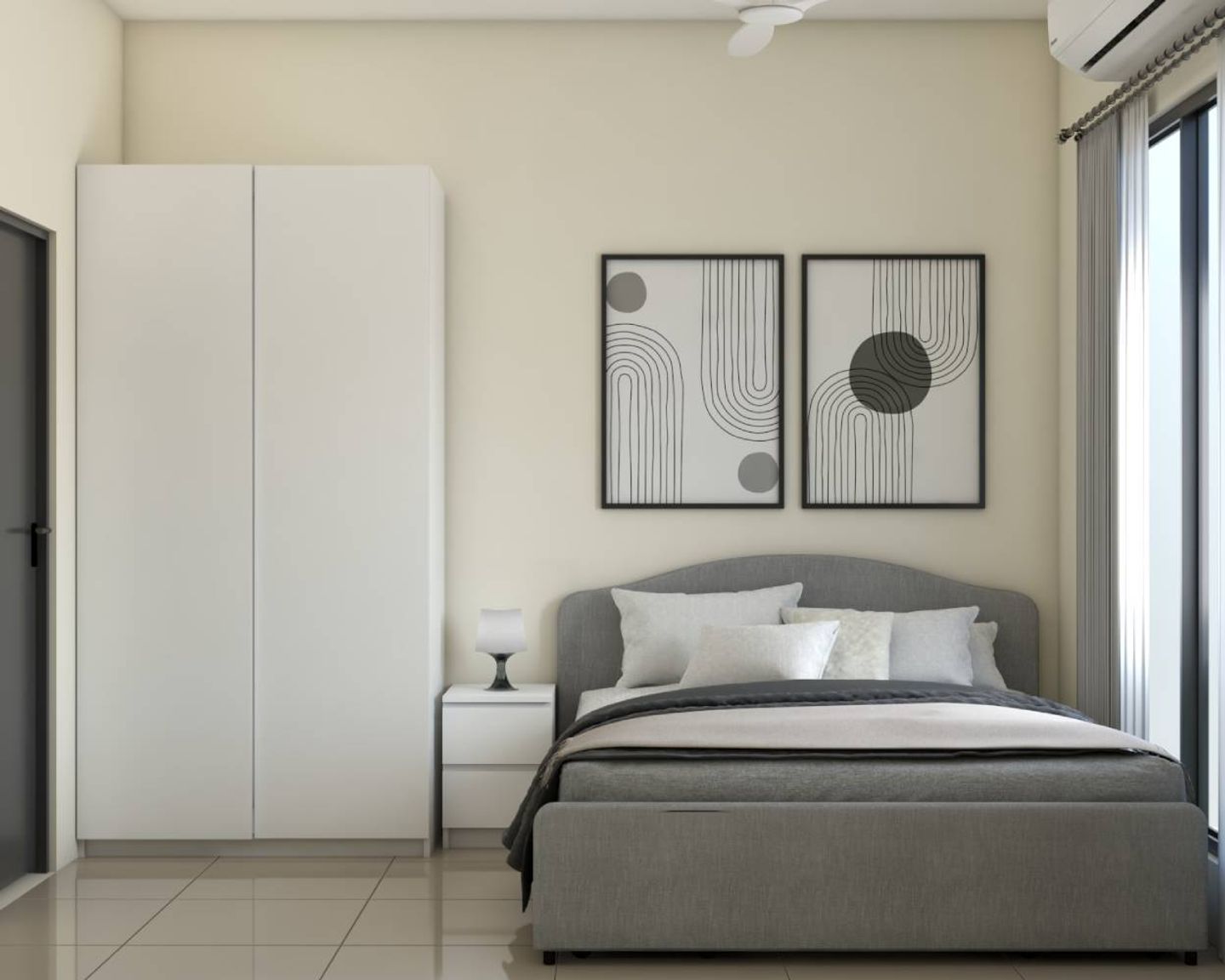 Beige And Grey Minimalist Master Bedroom Design With 2-Door Swing Wardrobe And White Side Table - Livspace