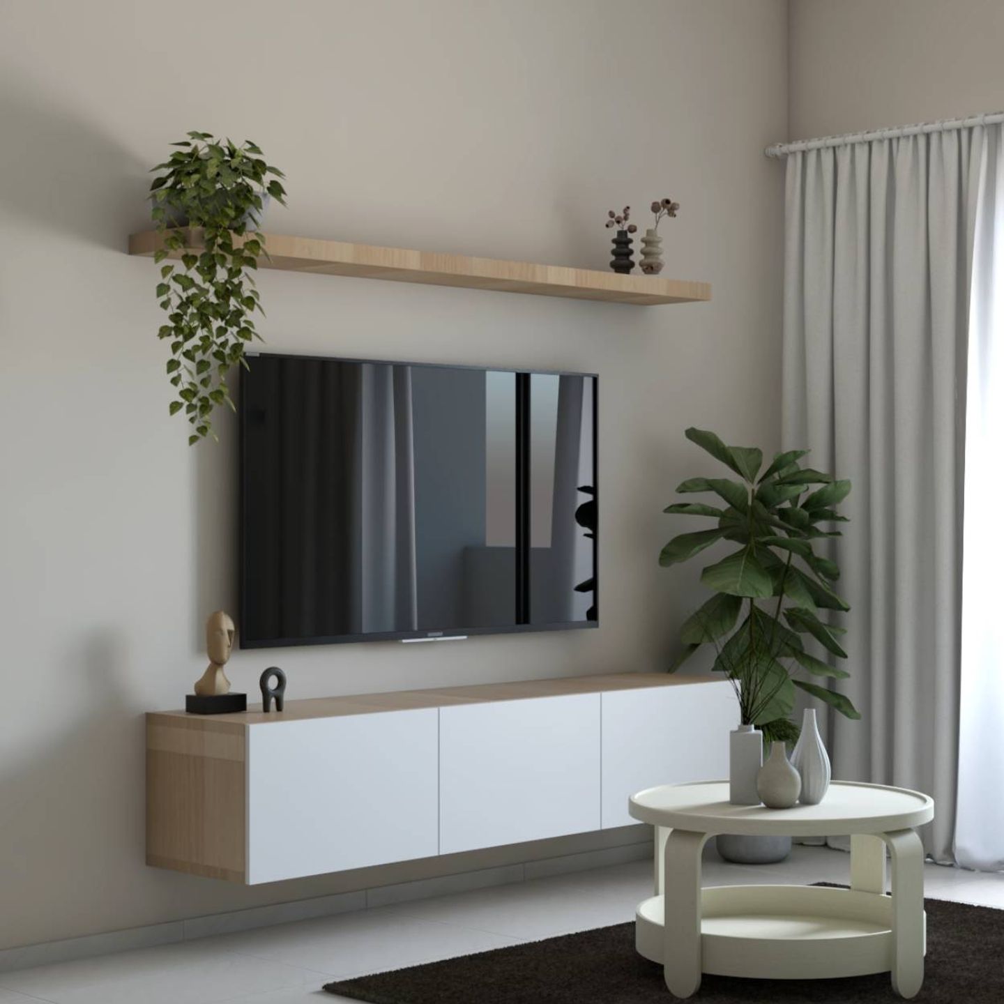Scandinavian White And Brown Wall-Mounted TV Unit With Overhead Shelf - Livspace