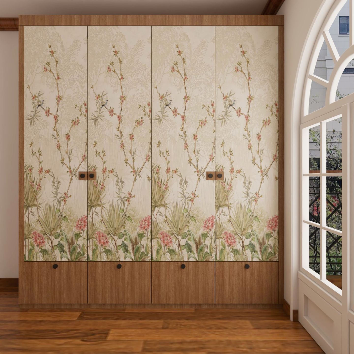 4-Door Swing Wardrobe With Floral Wallpaper Panels And Mid-Century ...