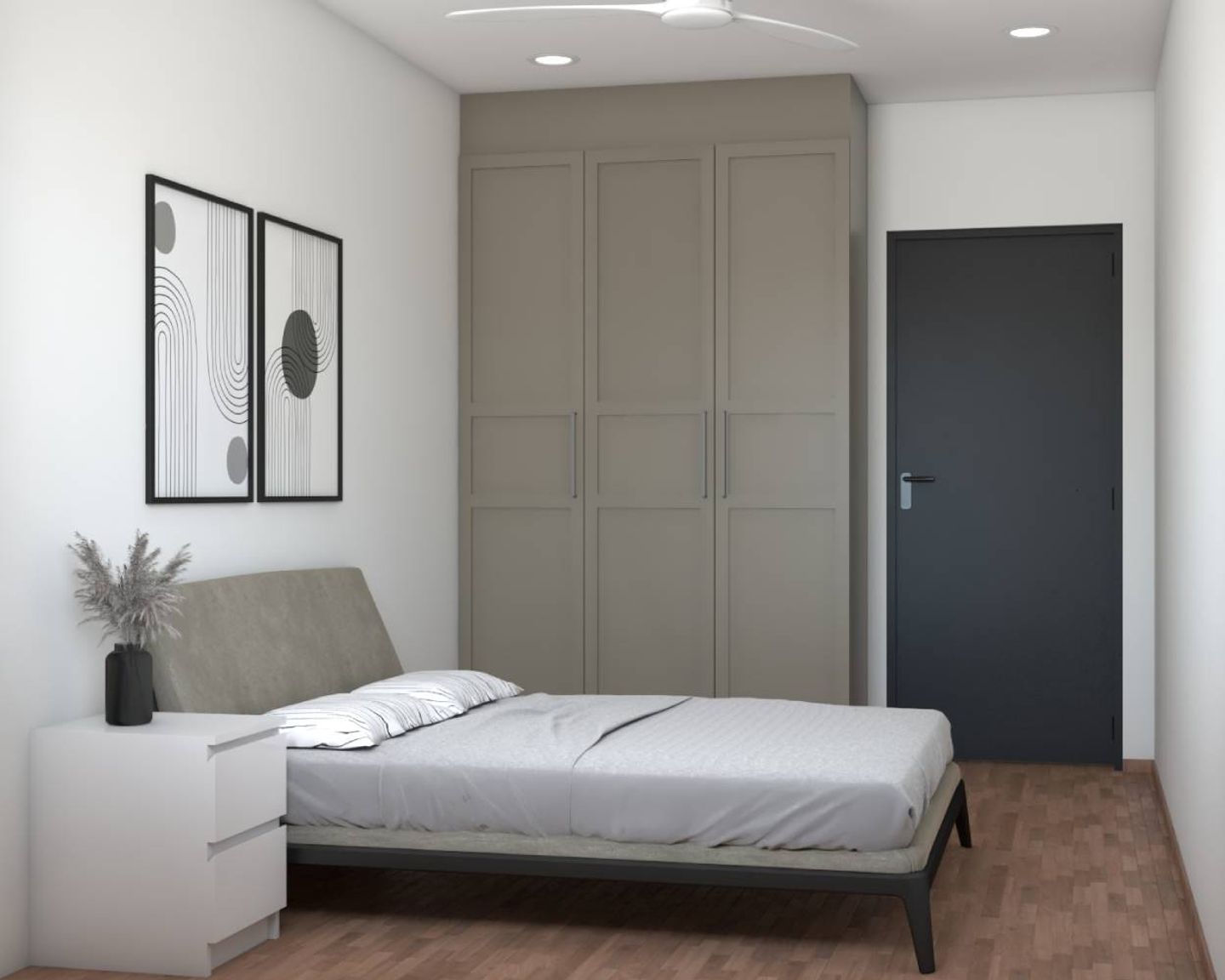 Minimal Floor-To-Ceiling Grey 3-Door Swing Wardrobe Design For Bedrooms - Livspace