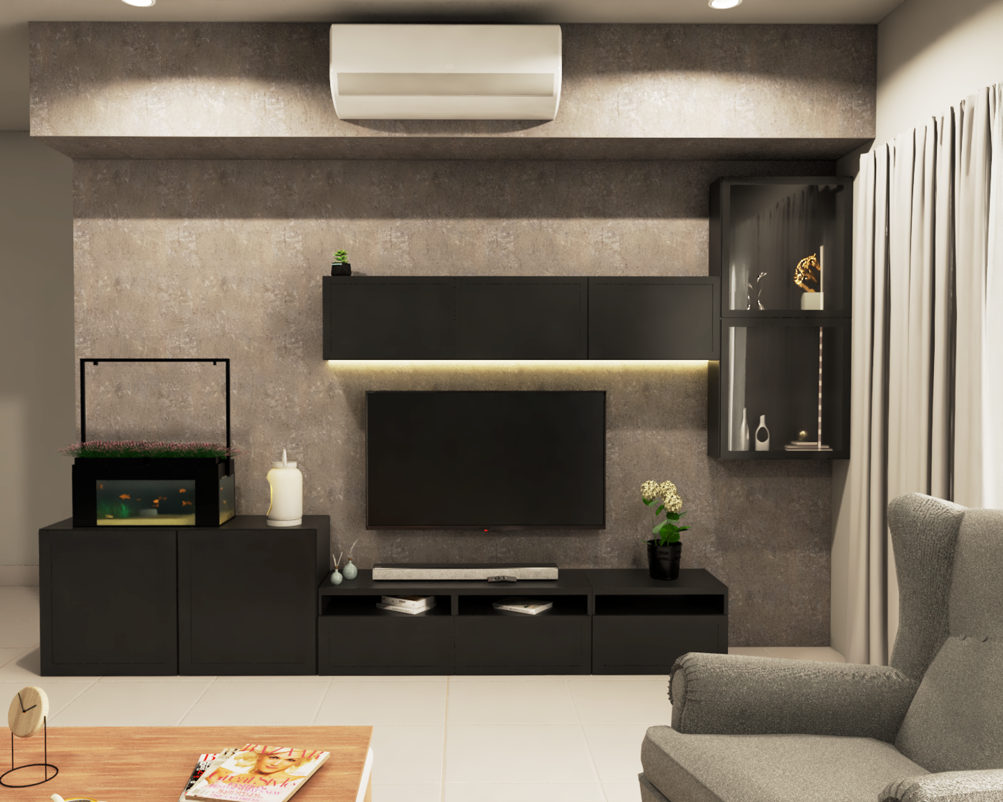 Contemporary Living Room with Grey Sofa - Livspace