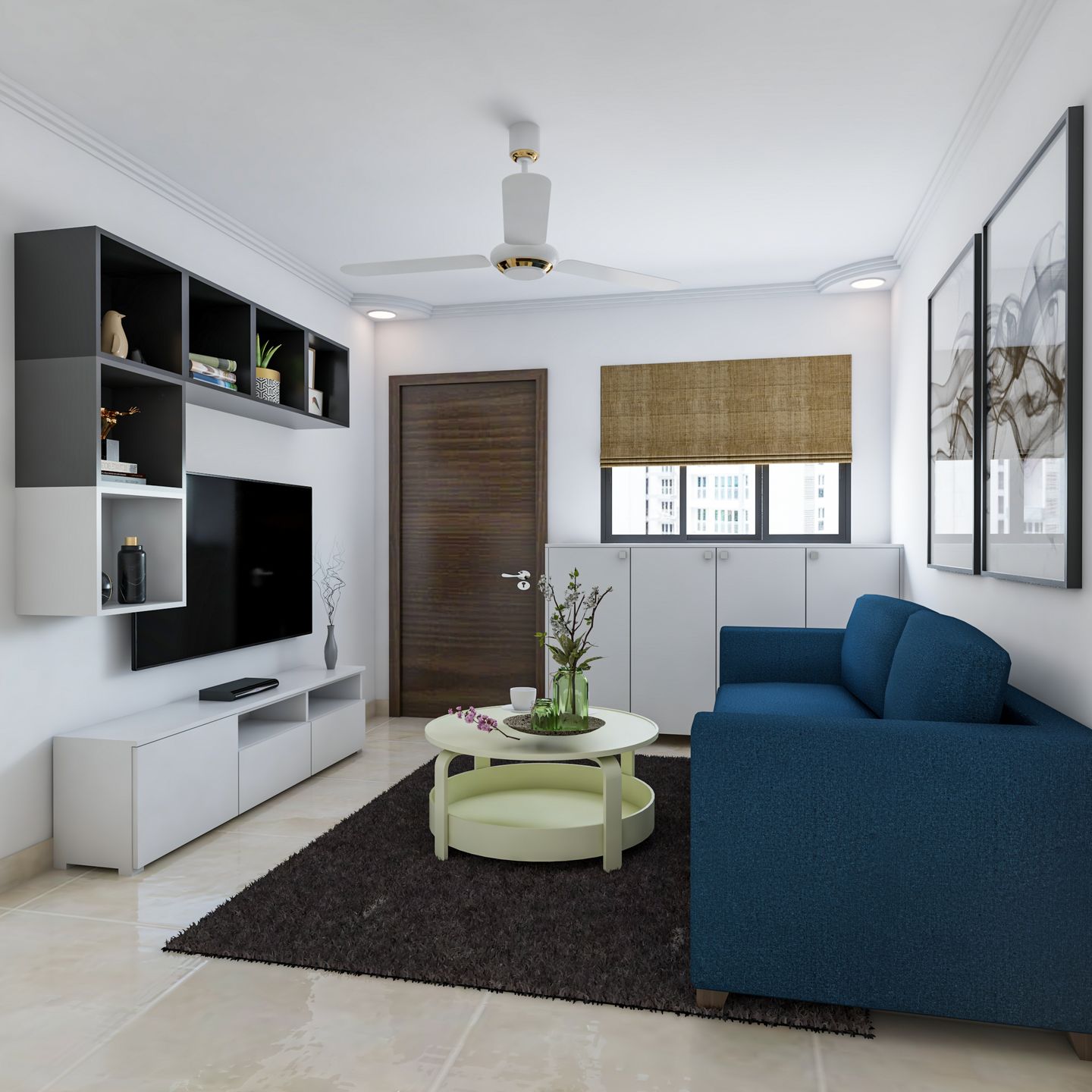 Modern Living Room With Blue Coloured Sofa - Livspace