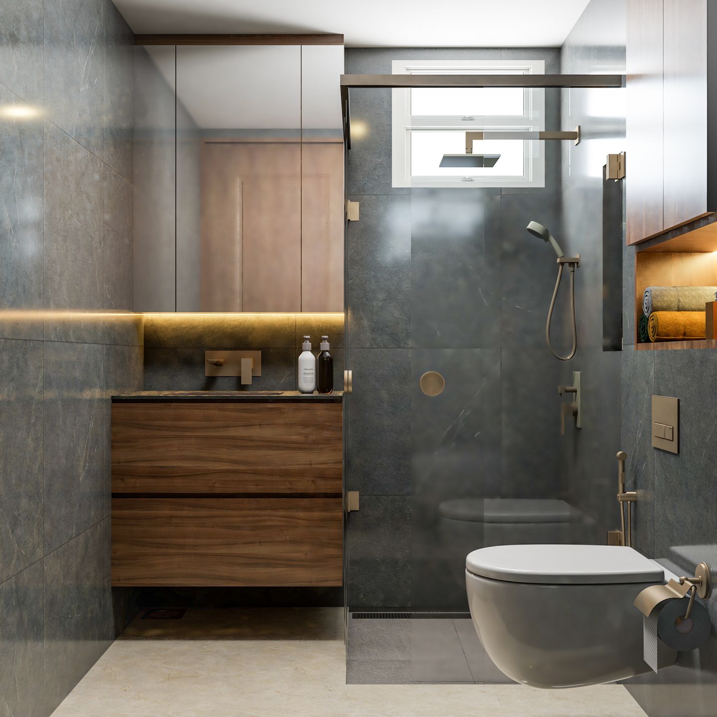 Toilet Design with Wooden Storage - Livspace