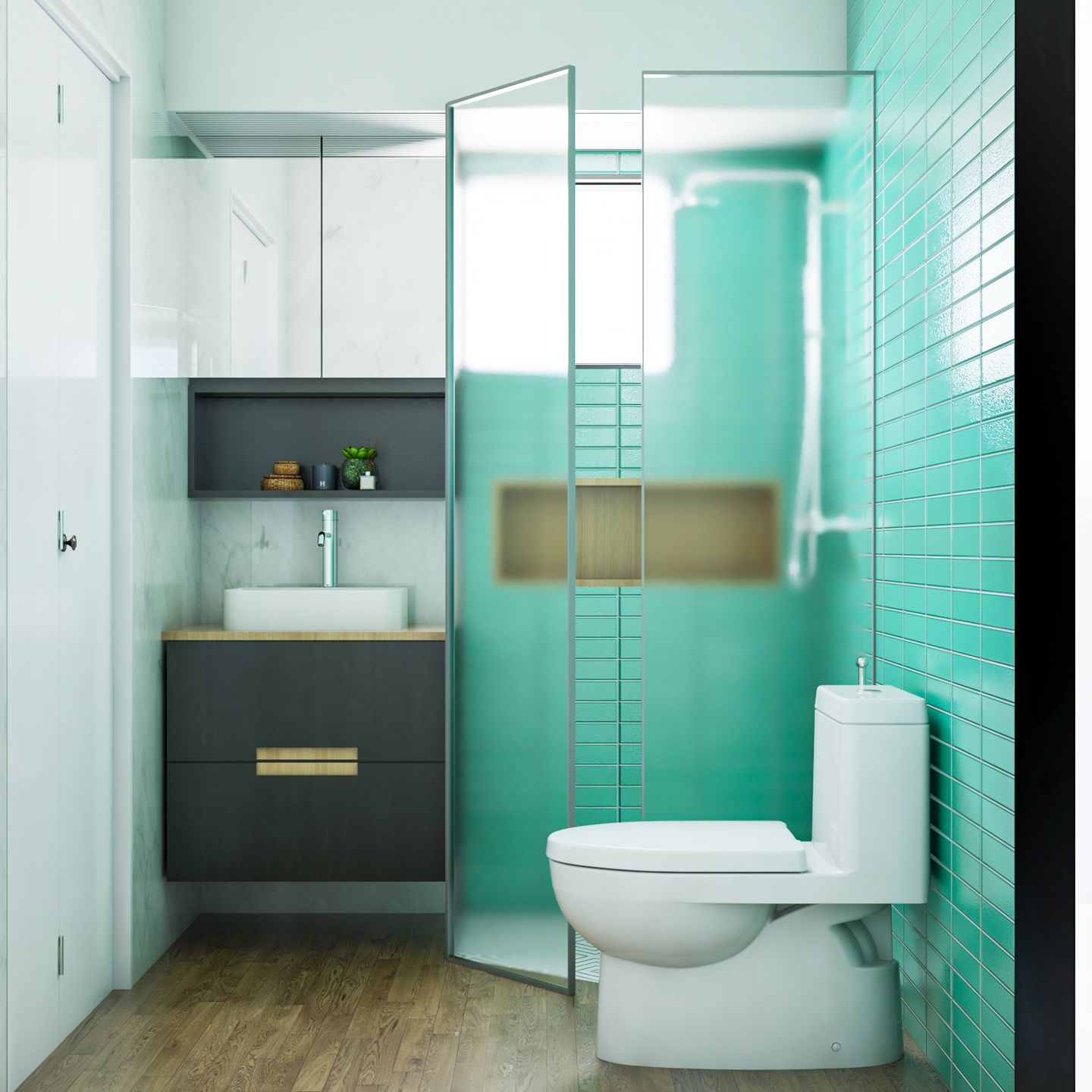 Compact Shower Cubicle Blue and White Coastal Bathroom Design - Livspace