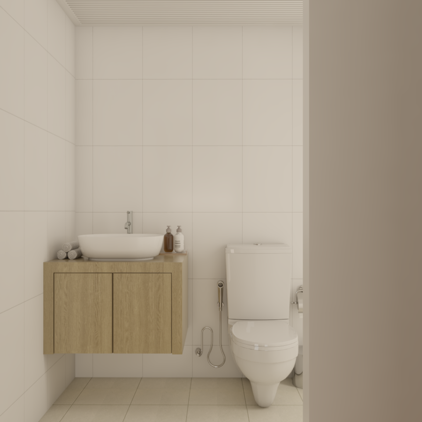 White Tiled Walls Hanging Vanity Minimal Compact Bathroom Design - Livspace