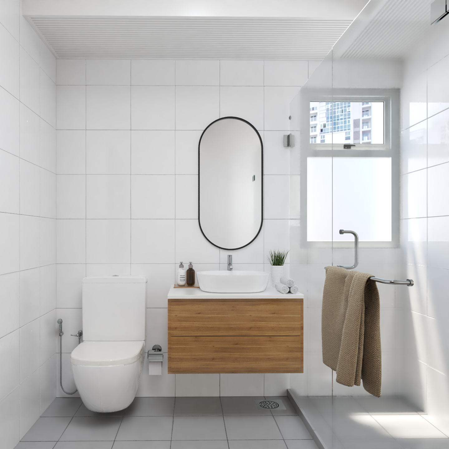 Compact Contemporary Bathroom Design with Oval Mirror - Livspace