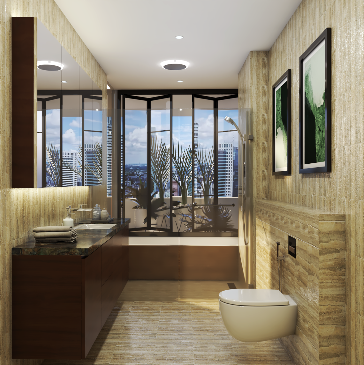 Brown Vanity Large Windows Modern Spacious Bathroom Design - Livspace