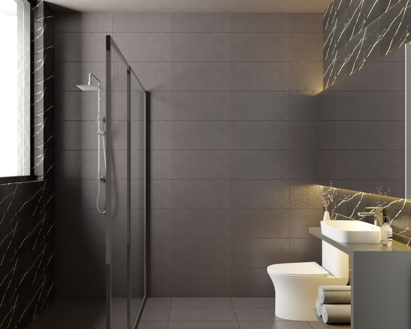Grey Tiles Convenient Modern Spacious Bathroom Design - Livspace