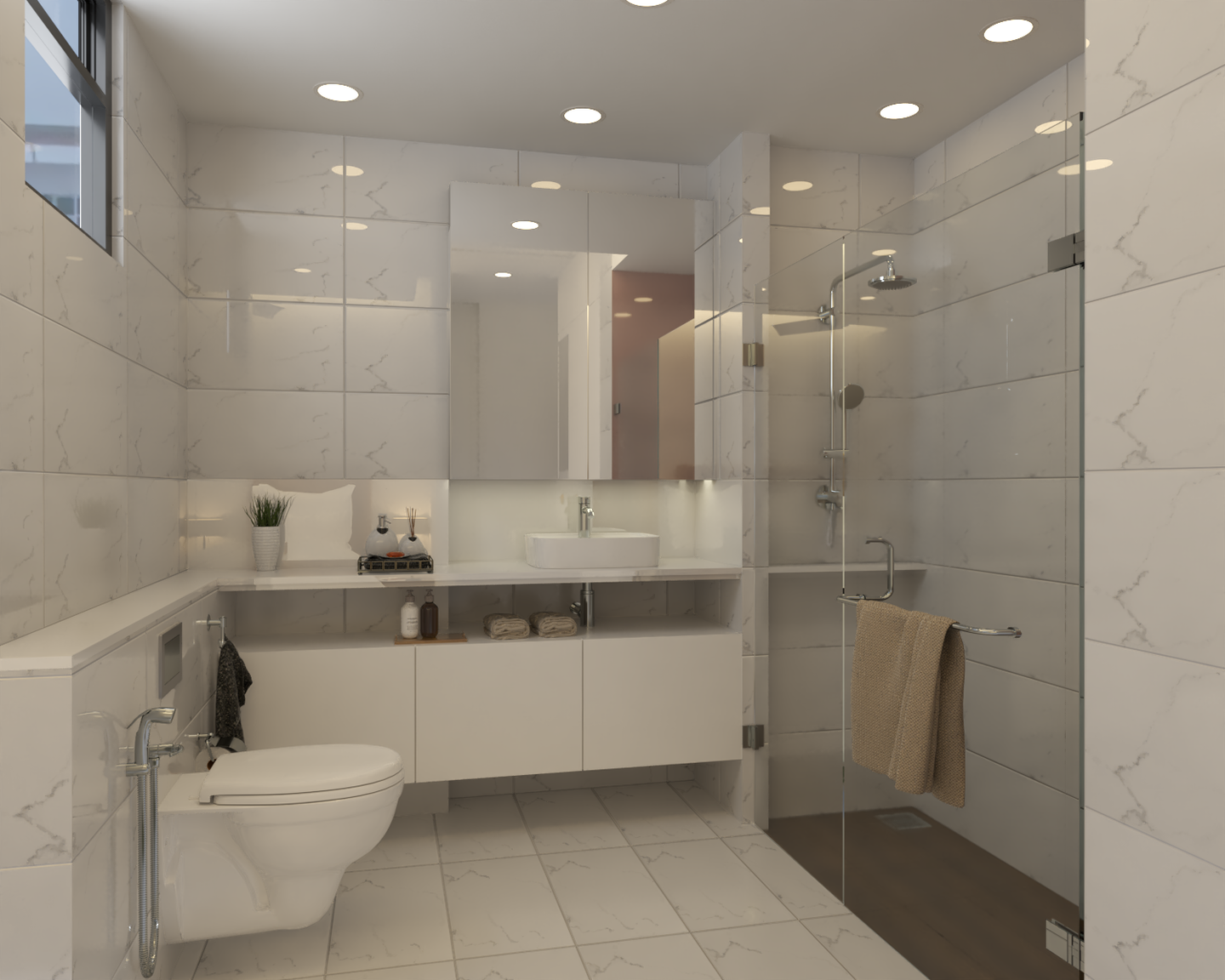 Cream Tiled Walls False Ceiling Spacious Bathroom Design - Livspace