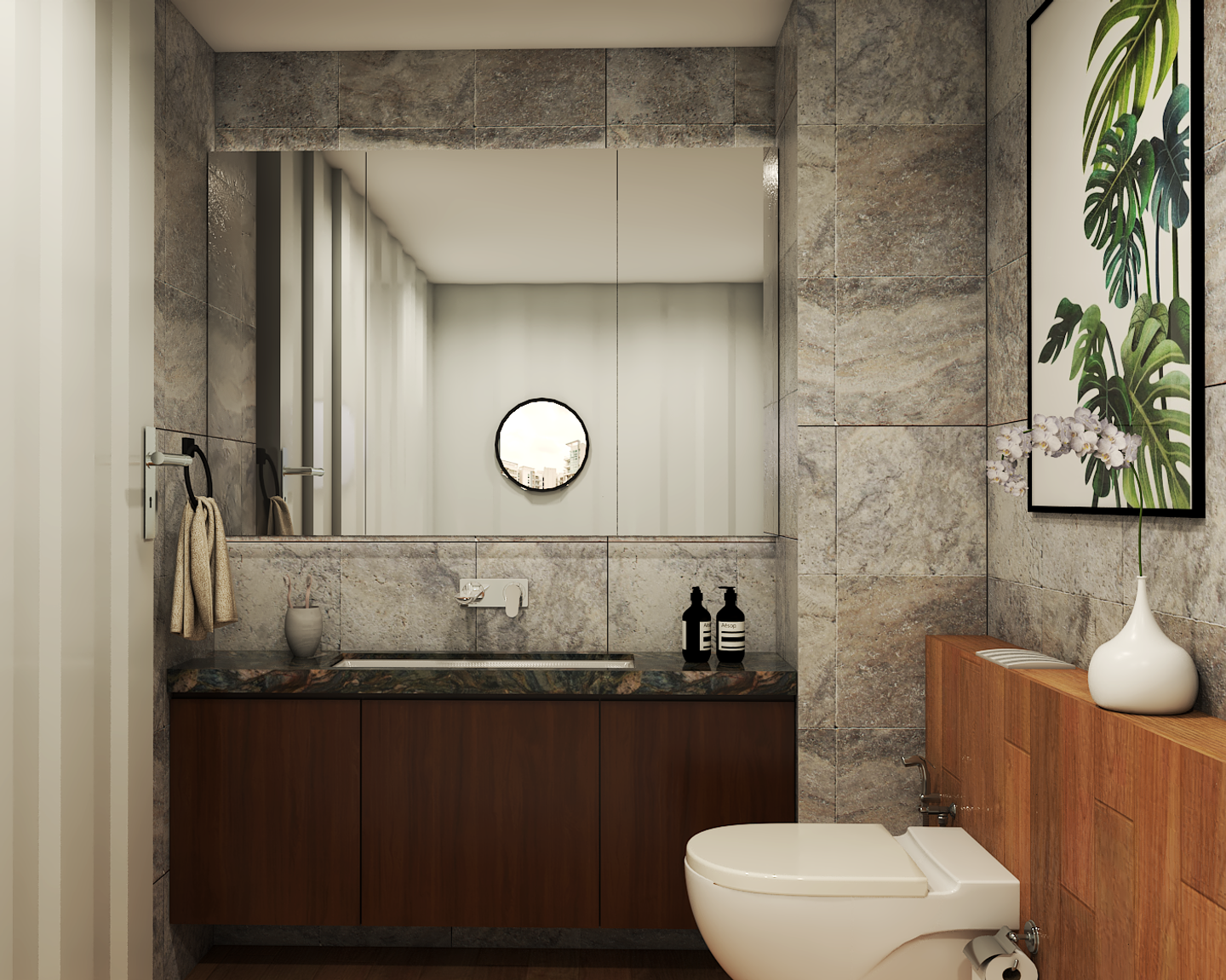 Grey Tiles Eclectic Spacious Powder Room Bathroom Design - Livspace