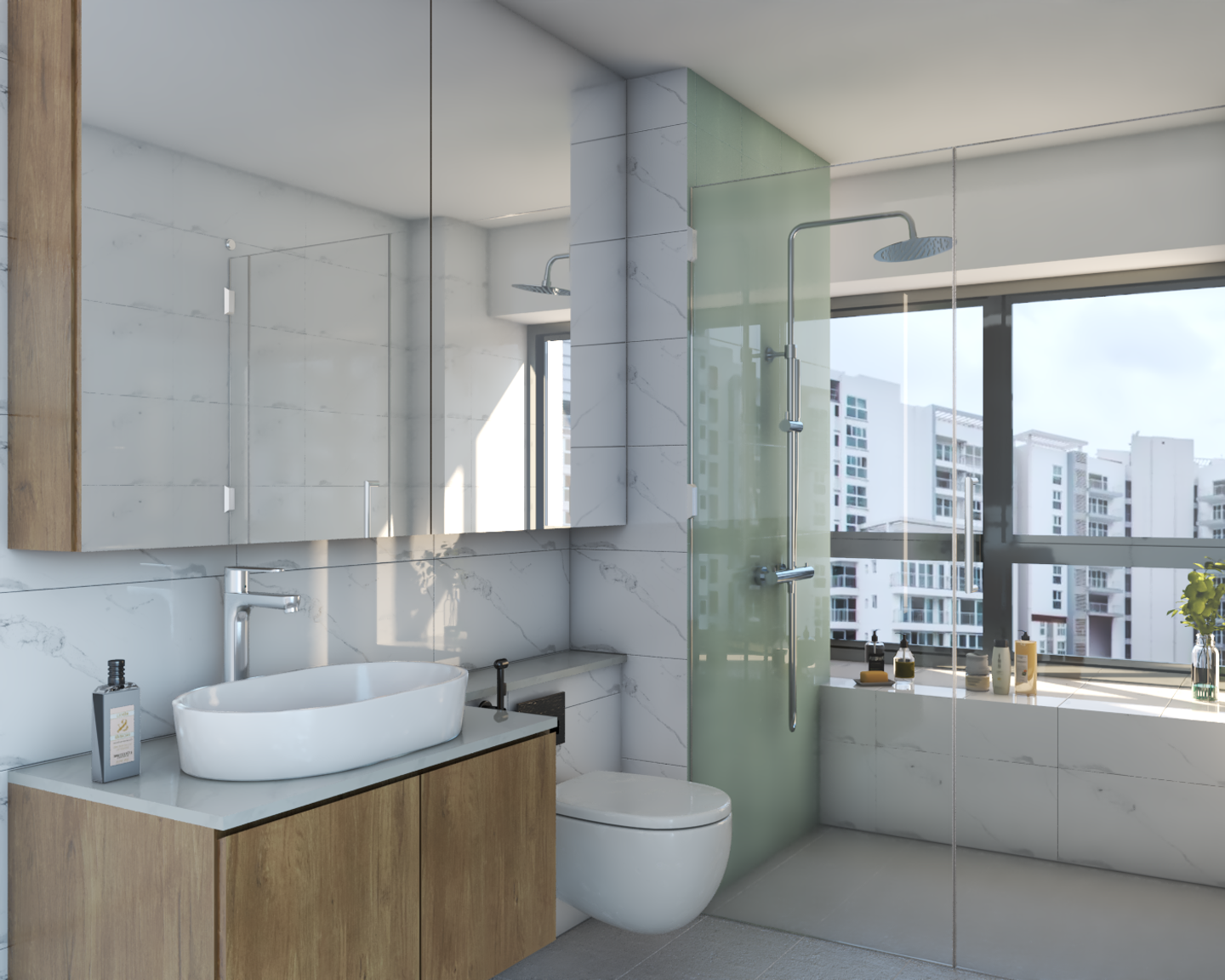Large Windows Storage Green Wall Modern Bathroom Design - Livspace