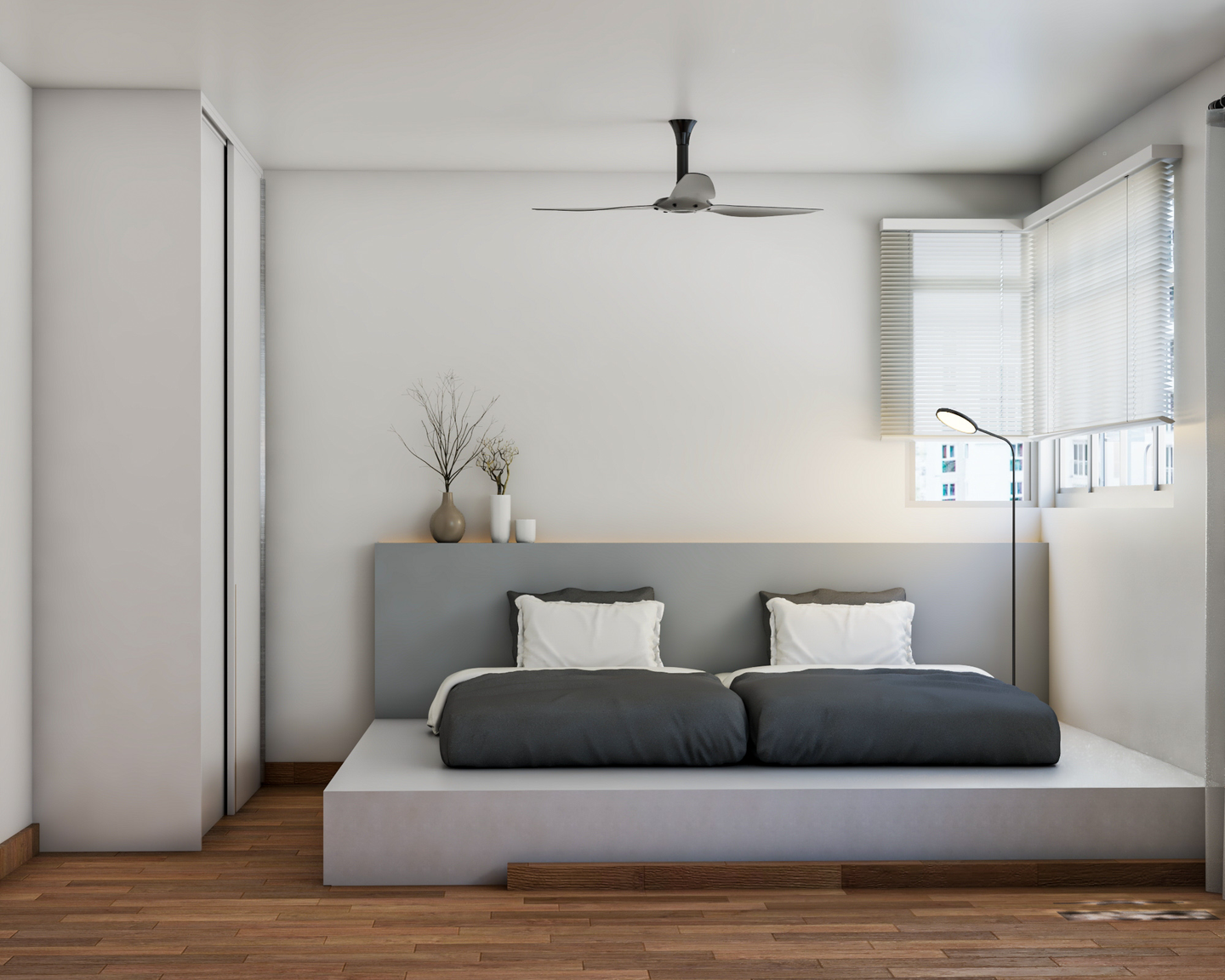 White Master Bedroom Interior Design with 2-Door Wardrobe - Livspace