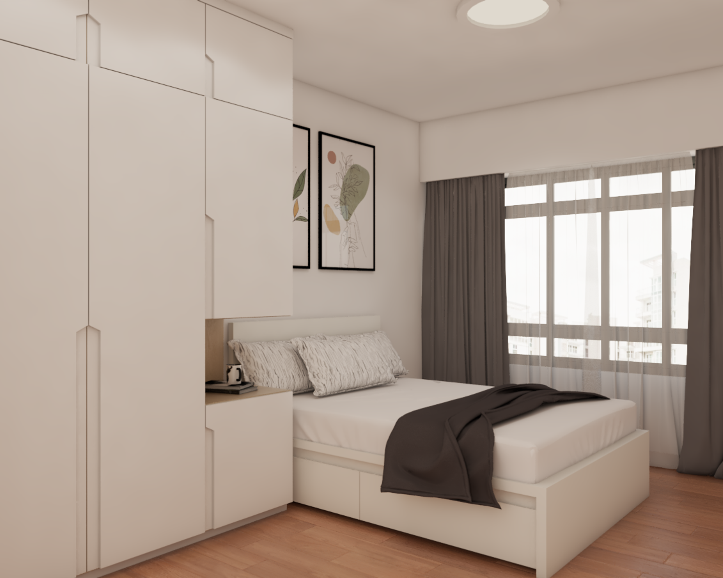 Beige Master Bedroom Interior Design with Wardrobe and Loft - Livspace