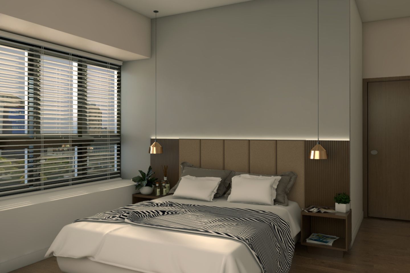 Large Window Spacious Bedroom Interior Design with Wooden Floor - Livspace