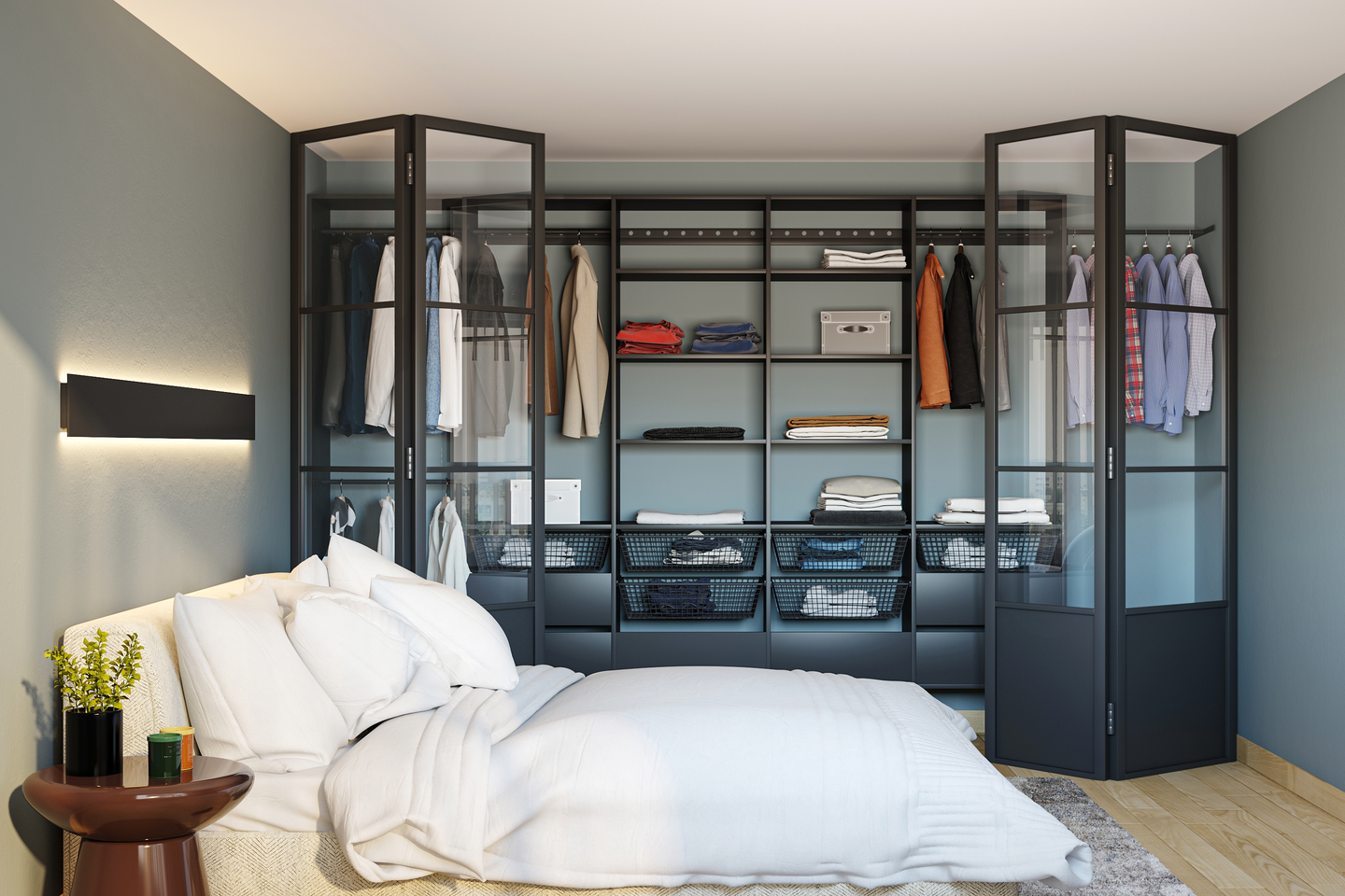 Modern Master Bedroom Interior Design with Glass Wardrobe - Livspace