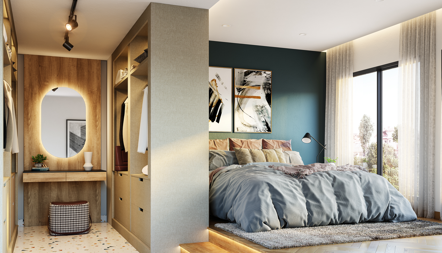 Pastel Shade Master Bedroom Interior Design with L-Shape Wardrobe - Livspace