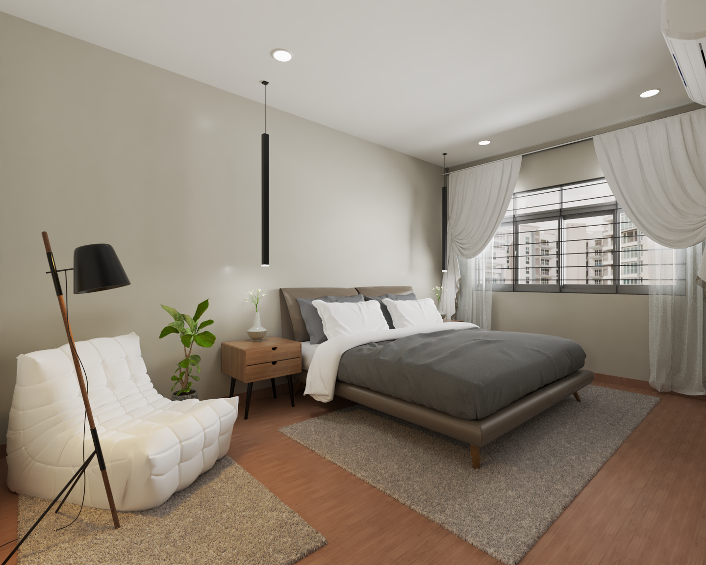 Minimal Spacious Master Bedroom Interior Design with Bean Bag - Livspace