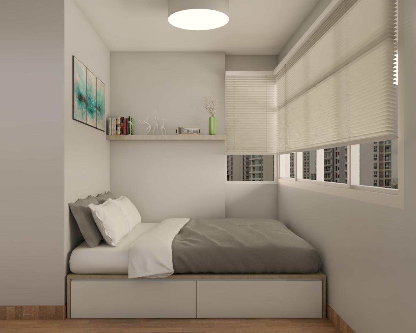 Modern Bedroom Interior Design with Side Shelf and Storage Bed - Livspace