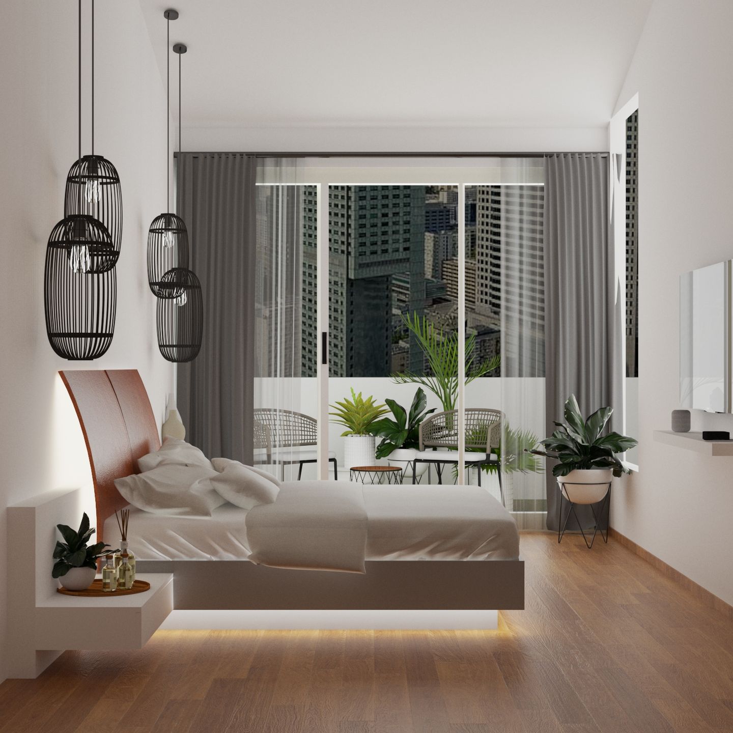 Bedroom Interior Design with Dark Wooden Flooring and Cage Lights - Livspace