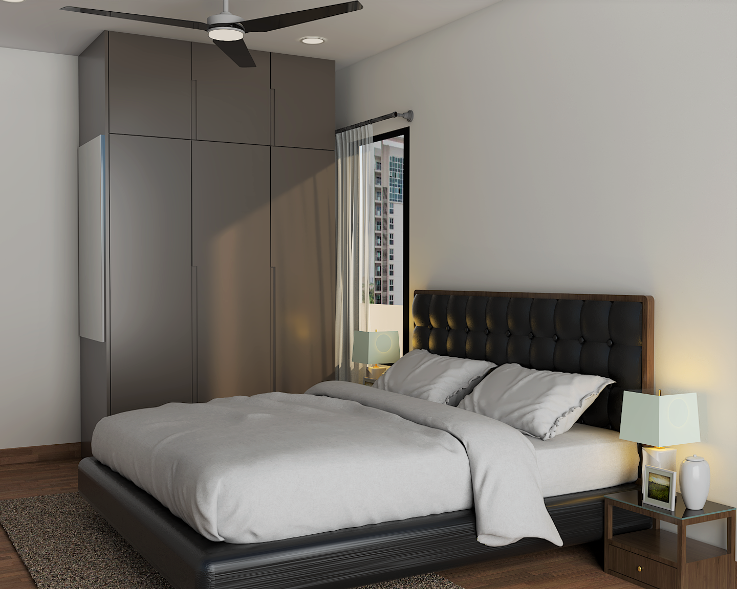 Compact Master Bedroom Interior Design with Grey Wardrobe - Livspace