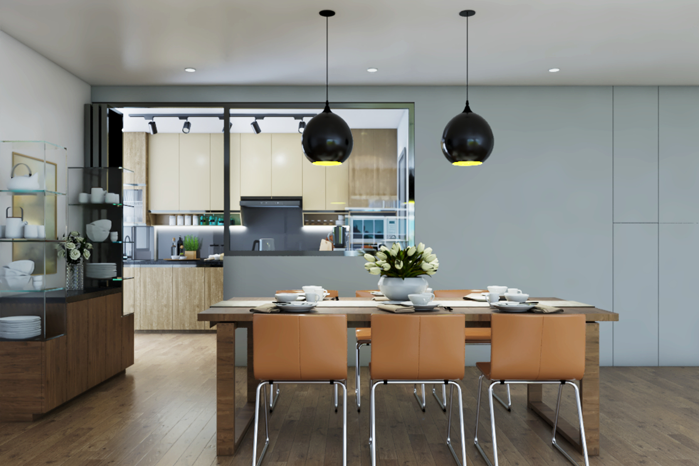 6-Seater Dark Chrome Pendant Lights Modern Dining Room Design - Livspace