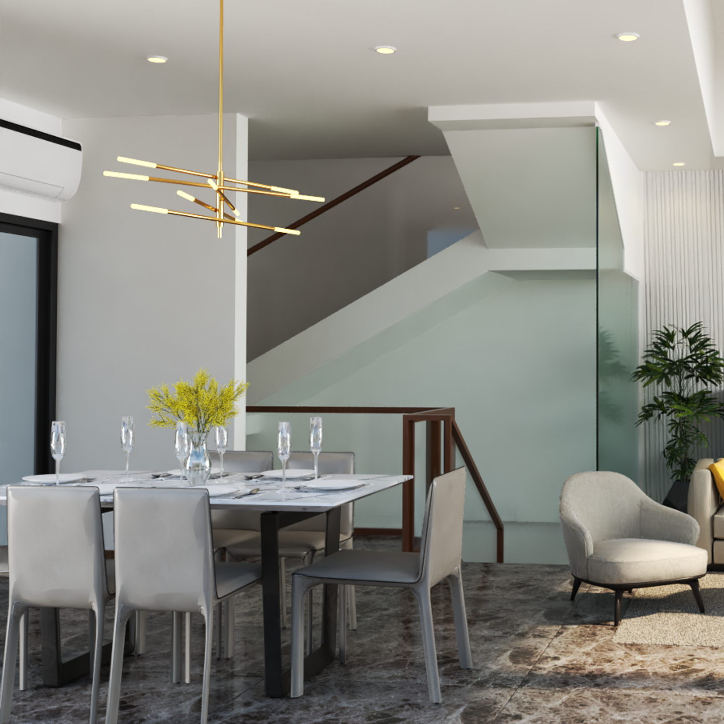 Hanging Light 6-Seater Grey Modern Dining Room Design - Livspace