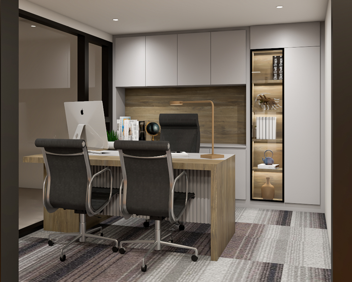 Glass Cabinet Storage Contemporary Spacious Home Office Design - Livspace