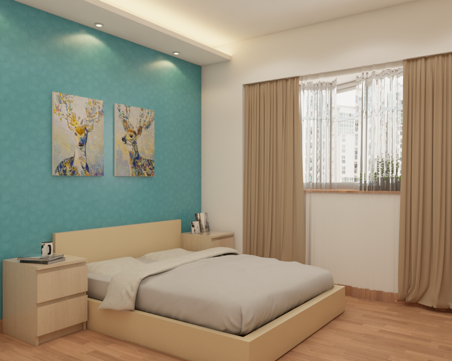Blue Wall Wooden Furniture Compact Scandinavian Kids Bedroom Design - Livspace