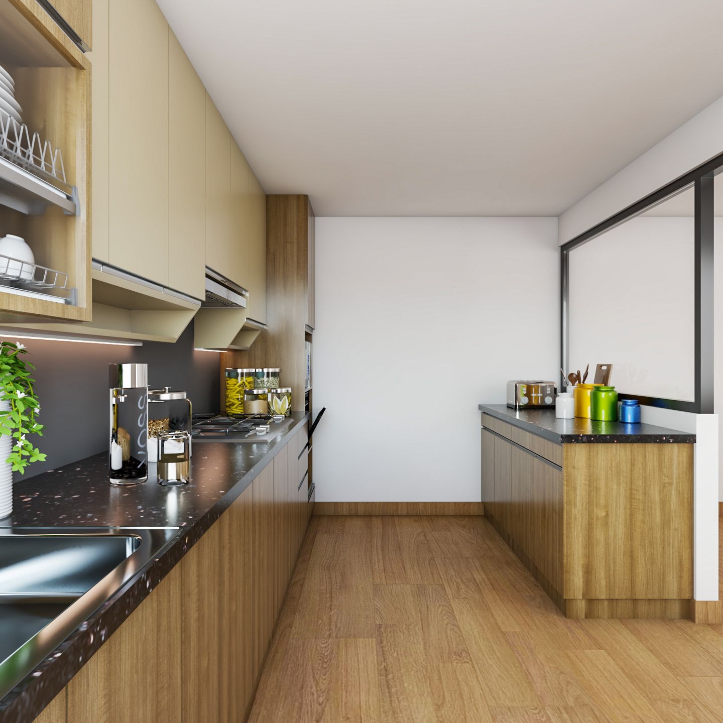 Wooden Flooring Modern Compact Open Kitchen Design Idea - Livspace
