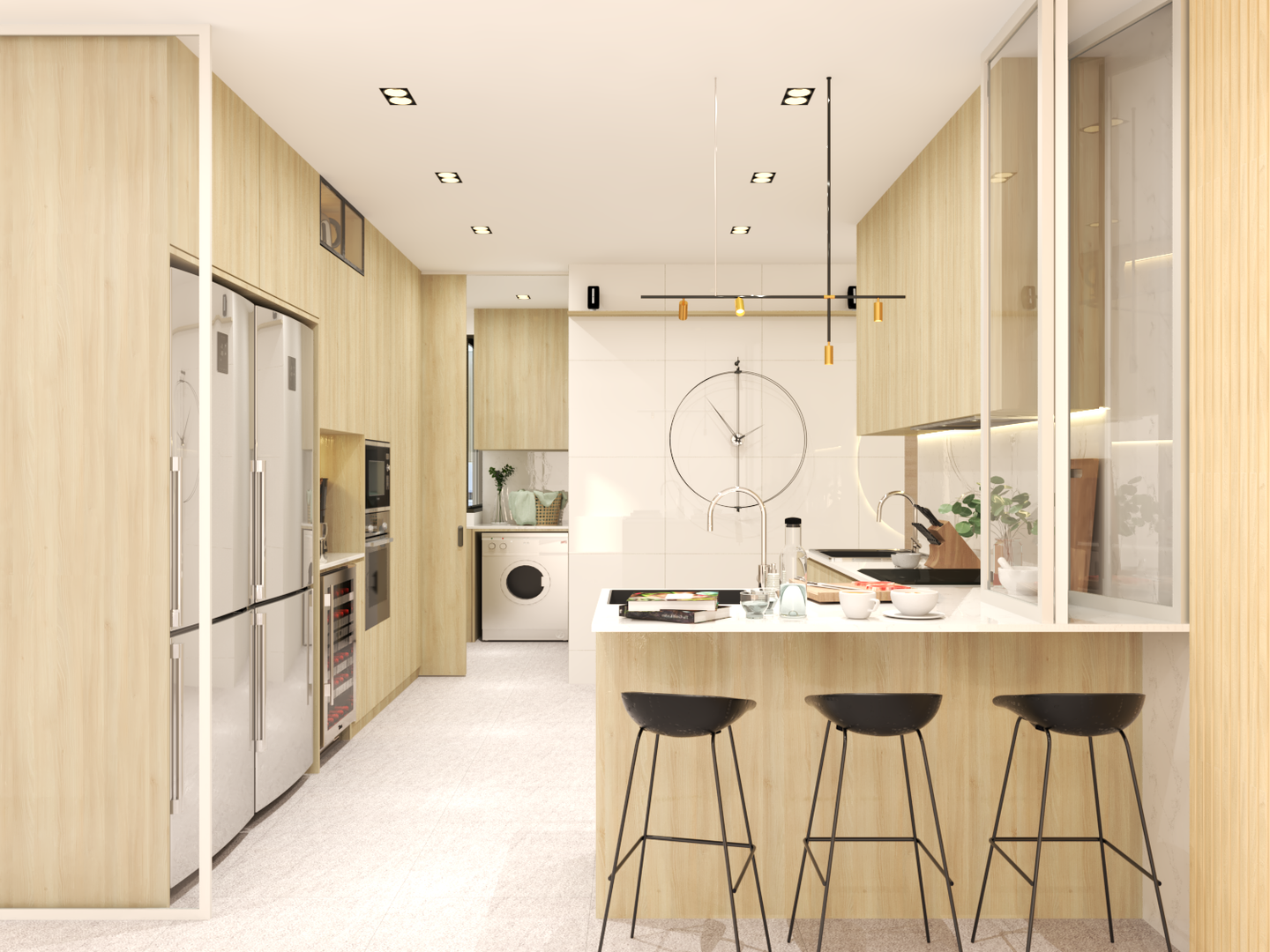 Light Wooden Texture Kitchen Design Idea with Golden Hanging Lights - Livspace