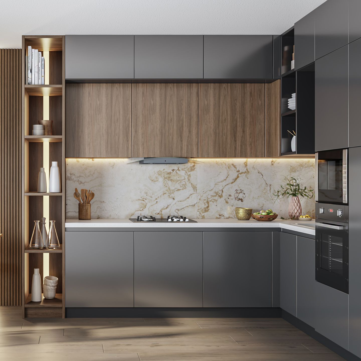 Modern Compact Kitchen Design Idea with Open Corner Unit - Livspace