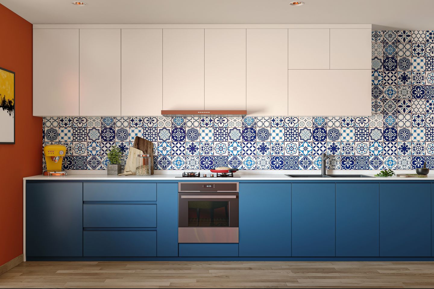 Blue Patterned Accent Wall Contemporary Kitchen Design Idea - Livspace