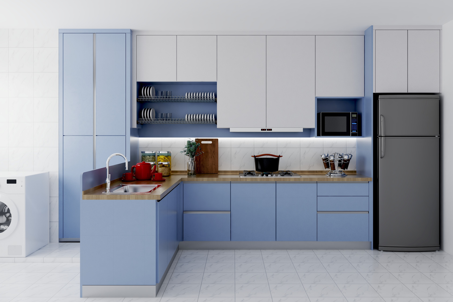 Dual Tone Contemporary L-Shape Kitchen Design with Open Storage - Livspace