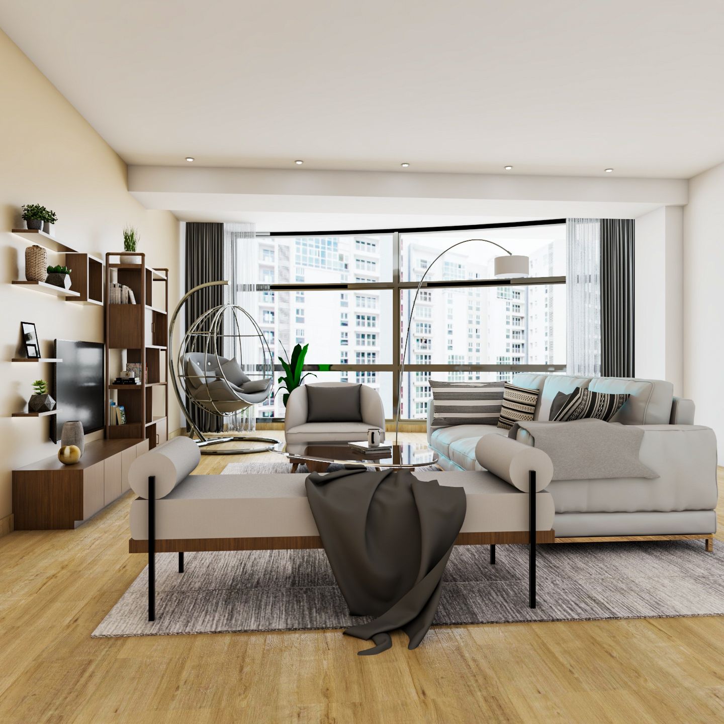 Round Swing Wood Flooring Modern Living Room Interior Design - Livspace