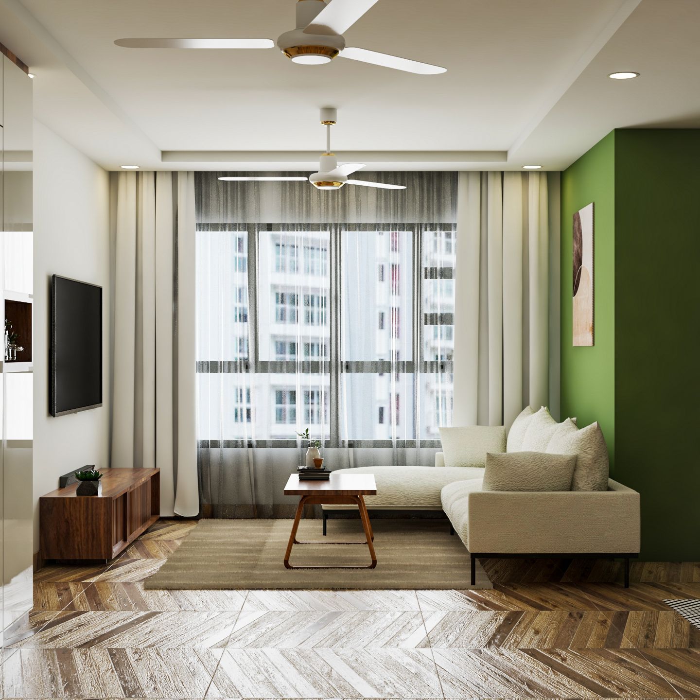 Wooden Flooring Green Wall Modern Living Room Interior Design - Livspace