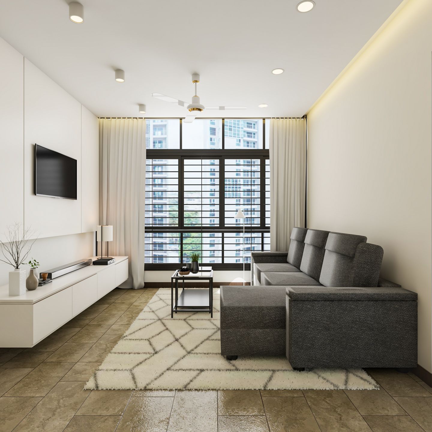 Grey Sofa White Cabinet Modern Compact Living Room Interior Design - Livspace