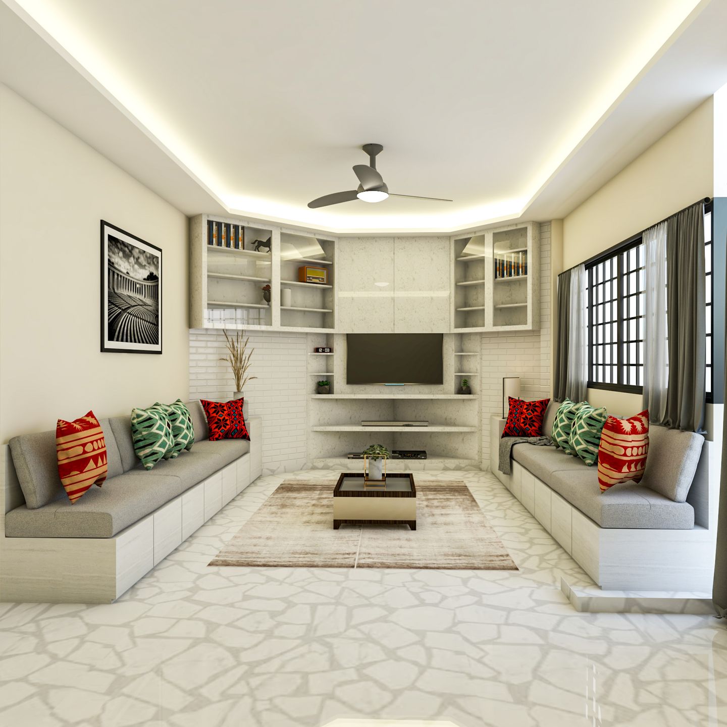 TV Cabinet Monochromatic Contemporary Spacious Living Room Interior Design - Livspace
