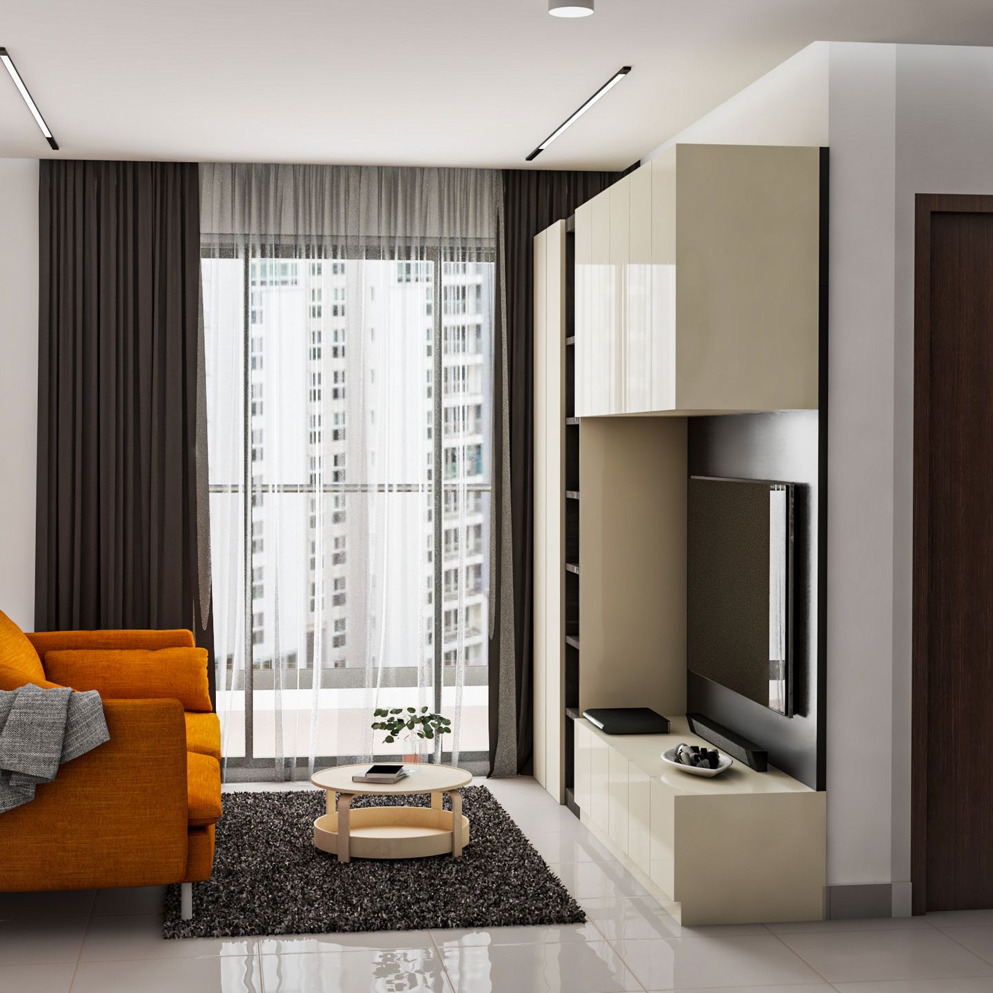 Orange Sofa Modern Living Room Interior Design with Media Cabinet - Livspace