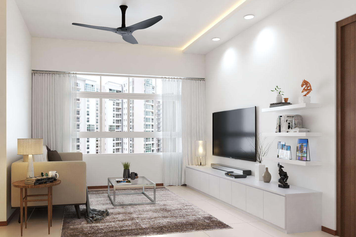 White Compact Living Room Interior Design with Shaded Rug - Livspace
