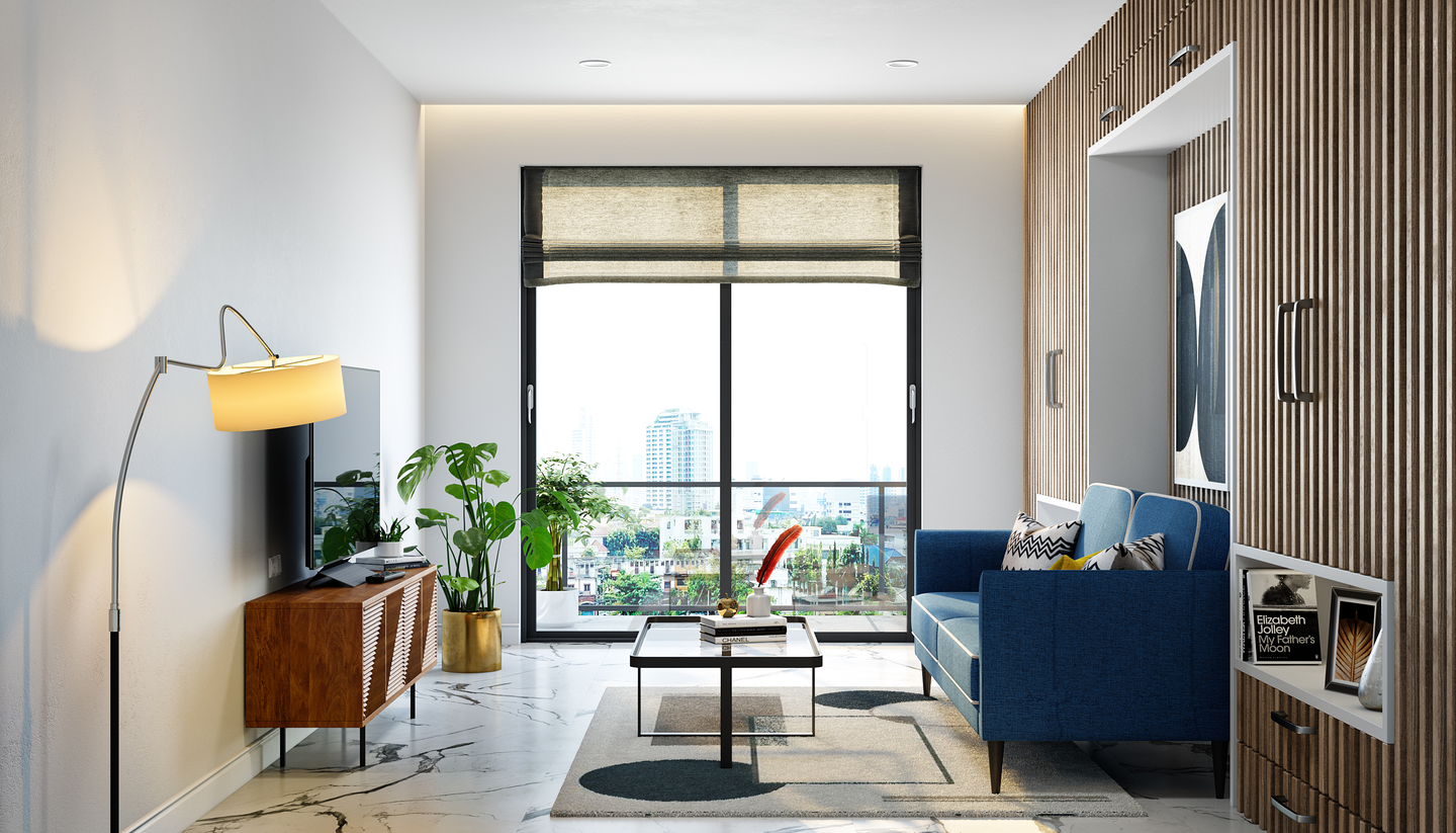 Indigo Blue Sofa Wooden Panel Modern Living Room Interior Design - Livspace