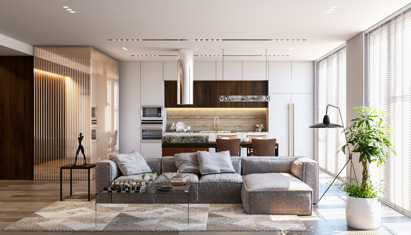 Grey Sliding Glass Open Kitchen Modern Living Room Interior Design - Livspace