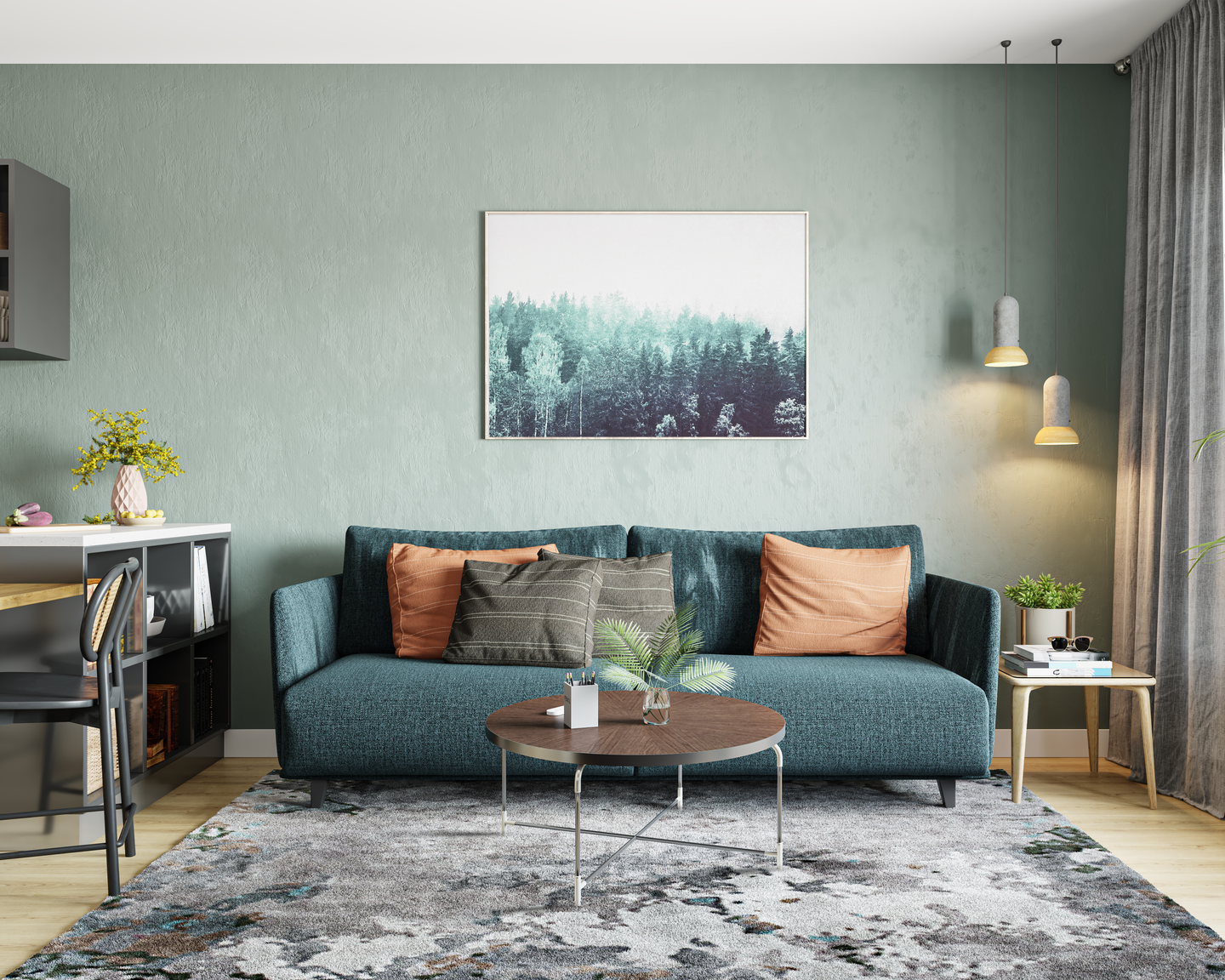 Green Wall Upholstered Sofa Spacious Living Room Interior Design - Livspace
