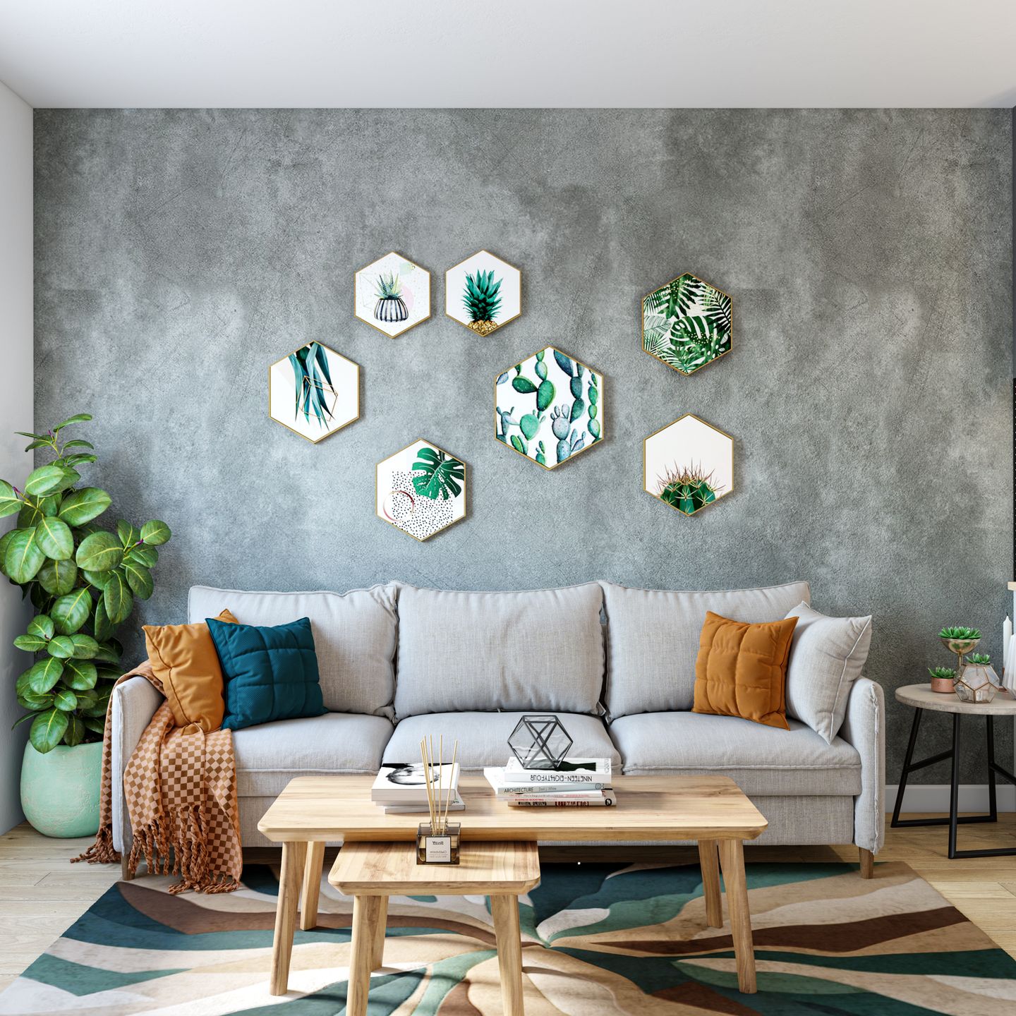3-Seater Sofa Compact Living Room Interior Design with Hexagon Frames - Livspace