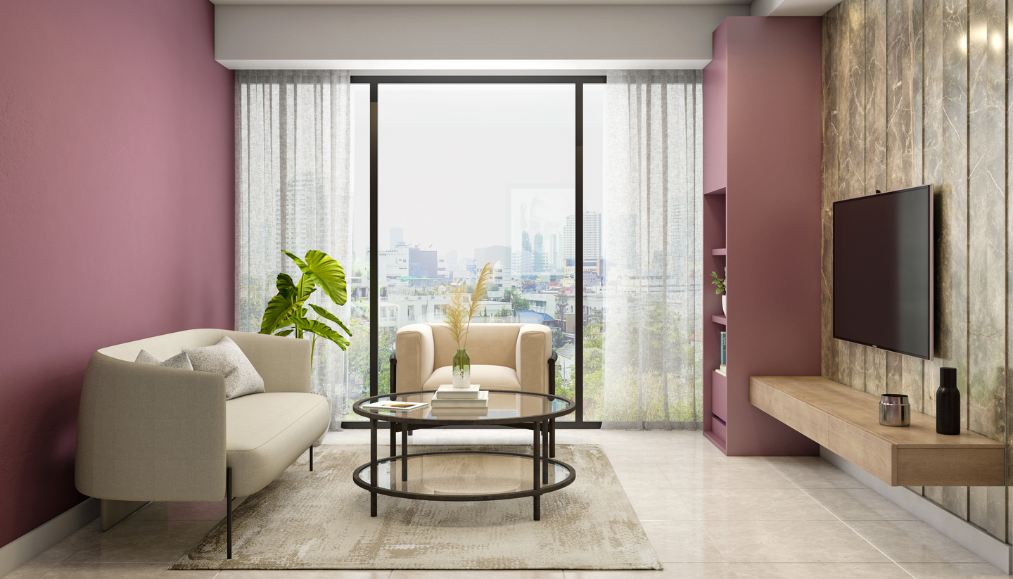 Beige Sofa Set Dusty Rose Spacious Living Room Interior Design - Livspace