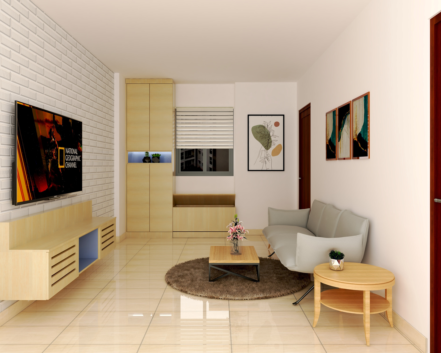 Light Wood Modern Living Room Interior Design with Storage Unit - Livspace