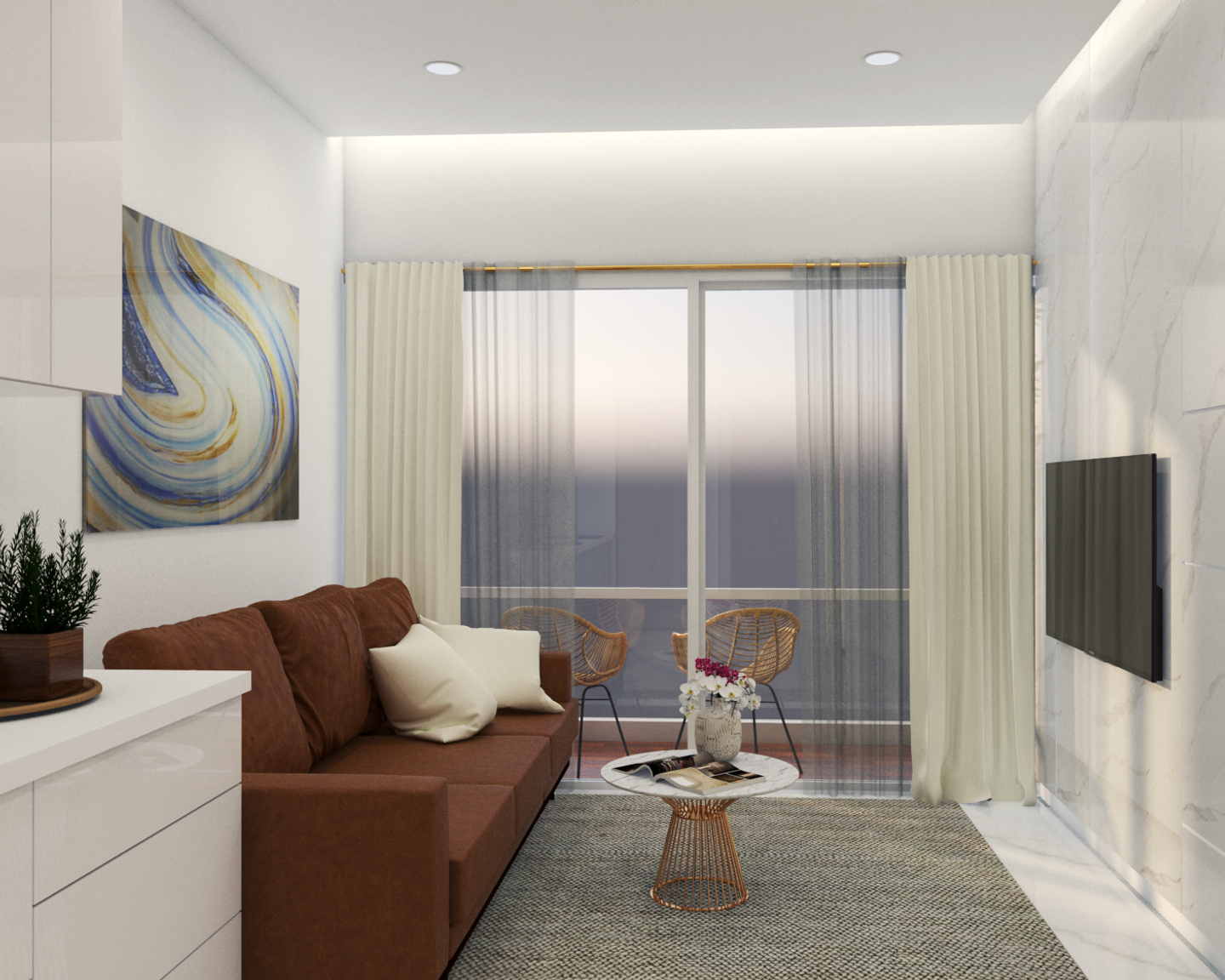 Wall Frame Dark Brown Sofa Compact Living Room Interior Design - Livspace
