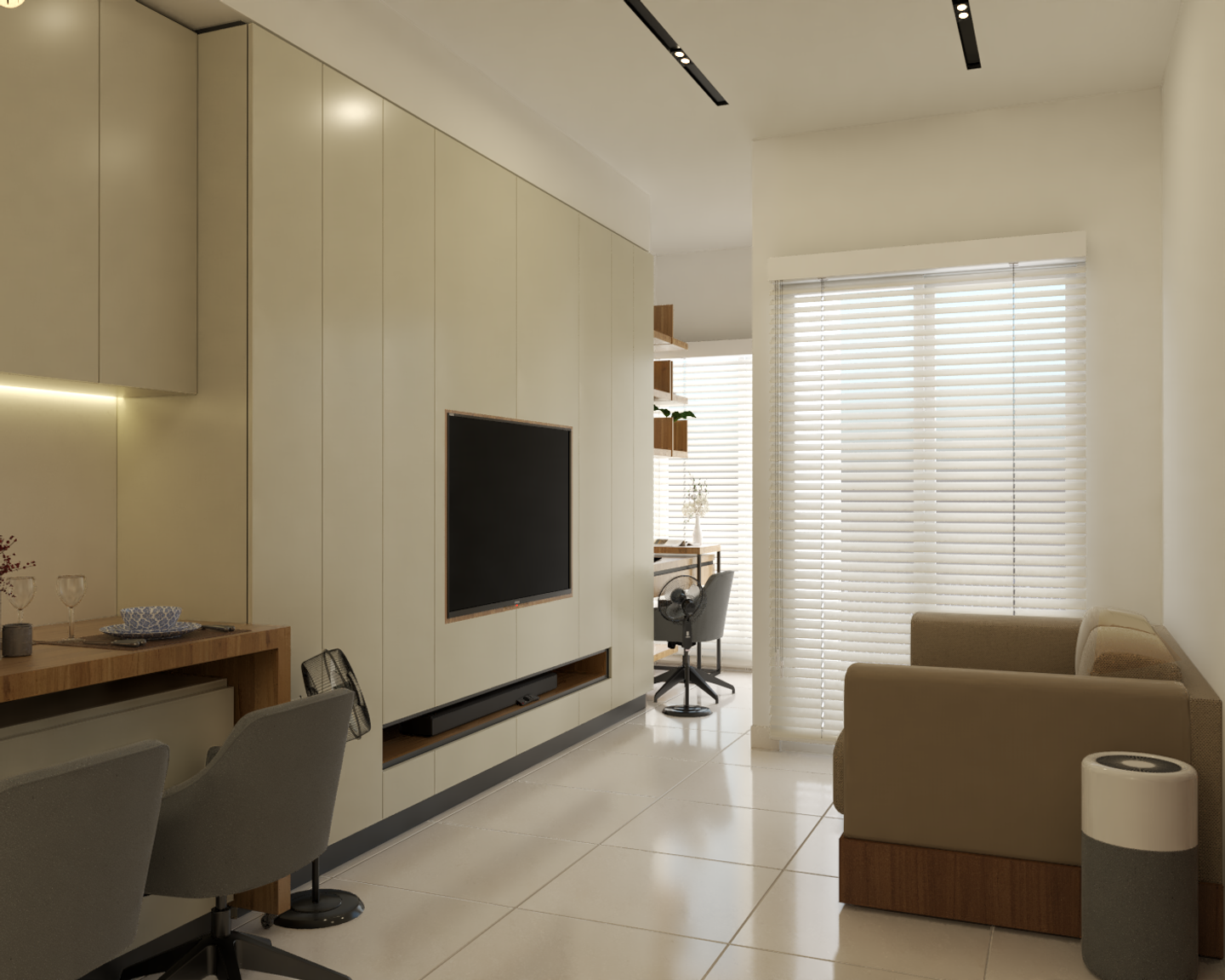 TV Panelling Modern Living Room Interior Design with Track Lights - Livspace