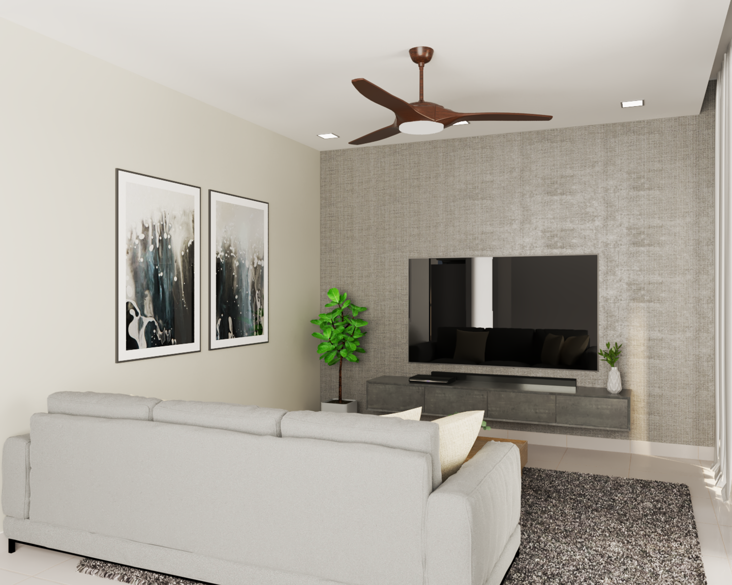 Grey Textured Wall Minimal Compact Living Room Interior Design - Livspace
