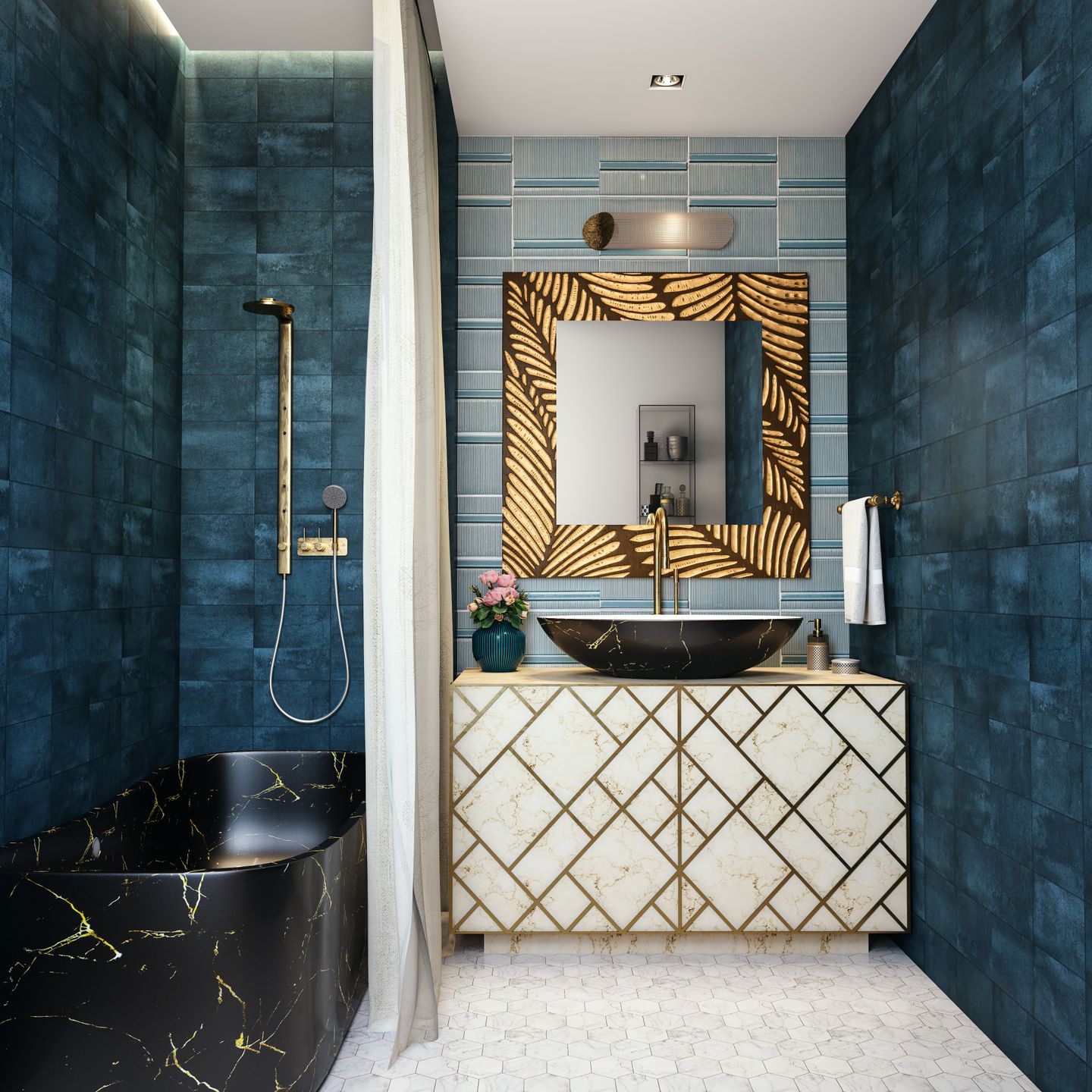 Compact Toilet Design With Dark Blue Coloured Tiles - Livspace