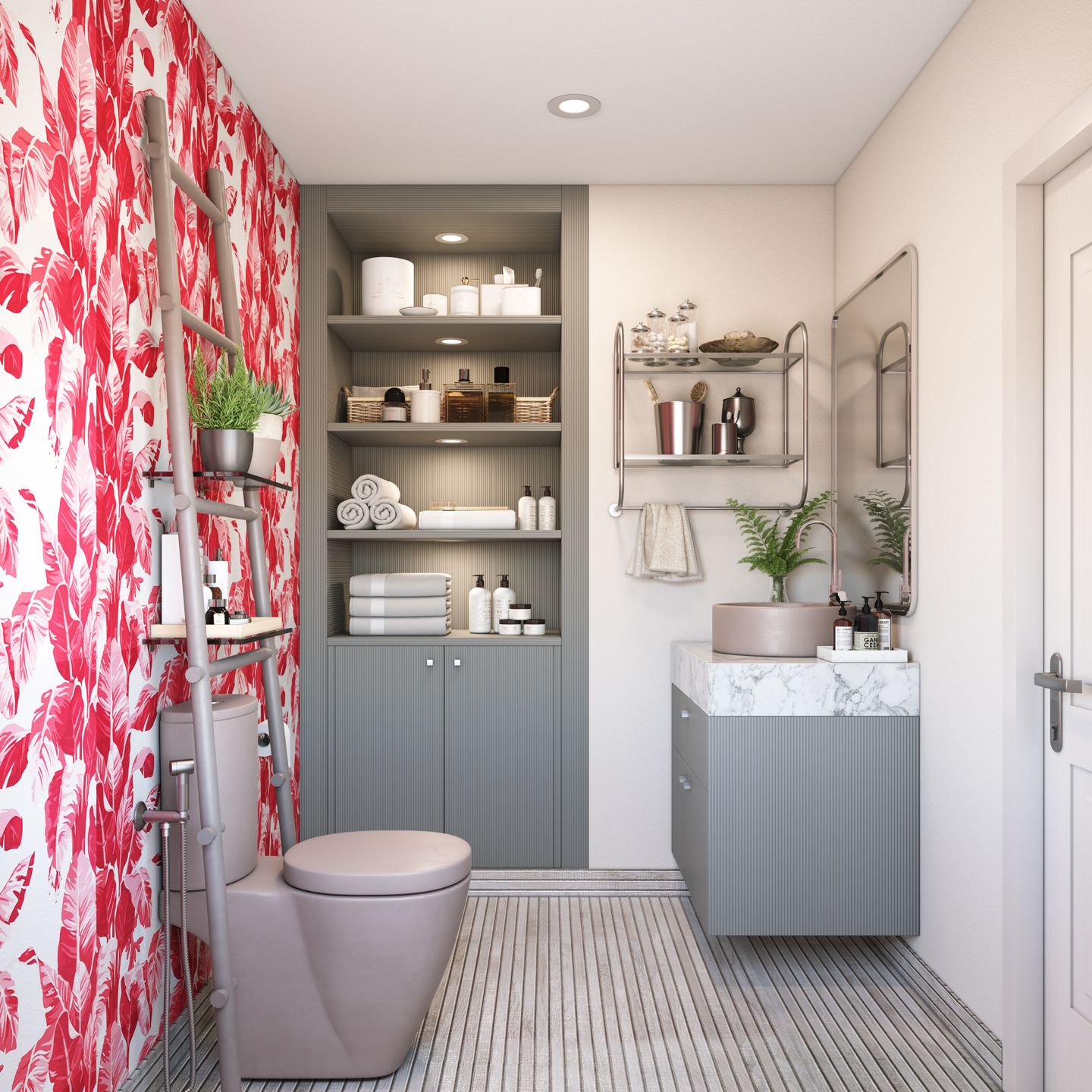 Toilet Design with Red Floral Wallpaper - Livspace